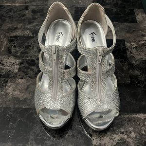 Sparkling silver open toe heels